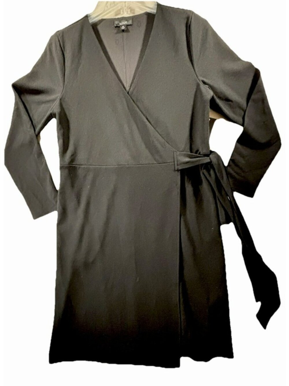 Alfani Women’s Wrap Dress Black Long Sleeve V-Neck Tie Waist Knee Length